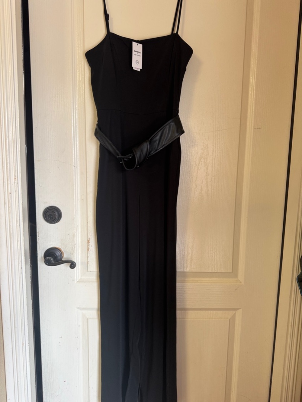 Express Black Spaghetti-Strap Maxi Dress with Belt Accent